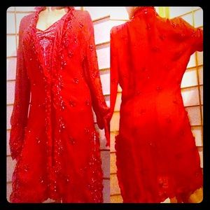 Beautiful hand beaded Silk chiffon Red shirt dress